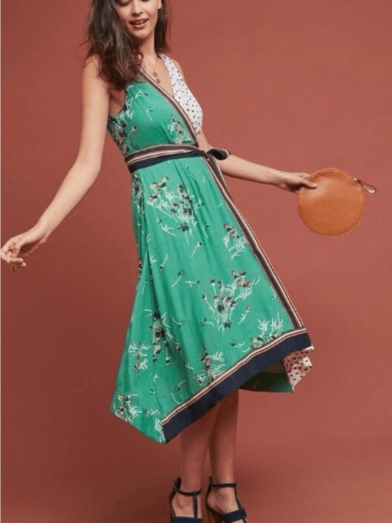 Anthropologie Dresses & Skirts - Anthropologie, Maeve, Size 14 Green Floral & White Polka-Dot Wrap Dress